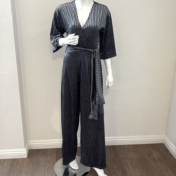Zara Velvet Grey & Black Striped Wide Leg Jumpsuit w Tie Waist Detail - Picture 1 of 7